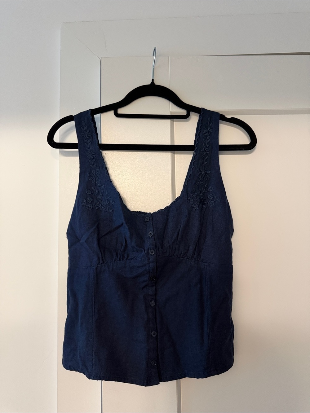 Navy Embroidered Button-Front Tank Top